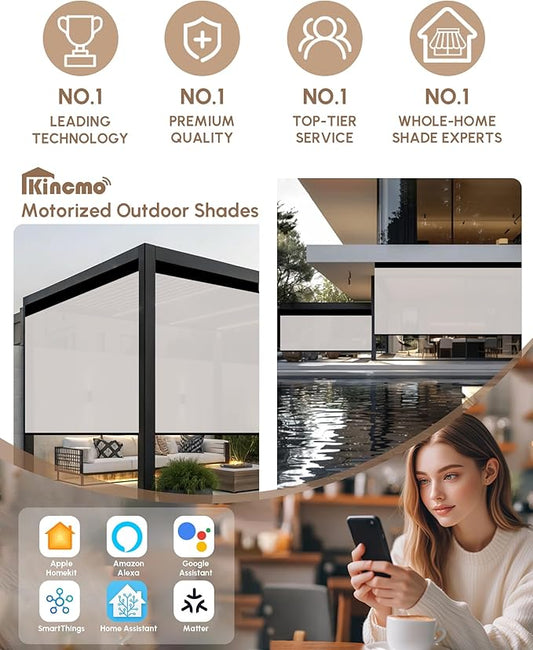 Kincmo Motorized Outdoor Shades for Patio Porch, Custom Outdoor Motorized Blinds with Remote, Waterproof & Windproof Patio Shades Work with Apple Homekit,Alexa,Google (1% Openness White)