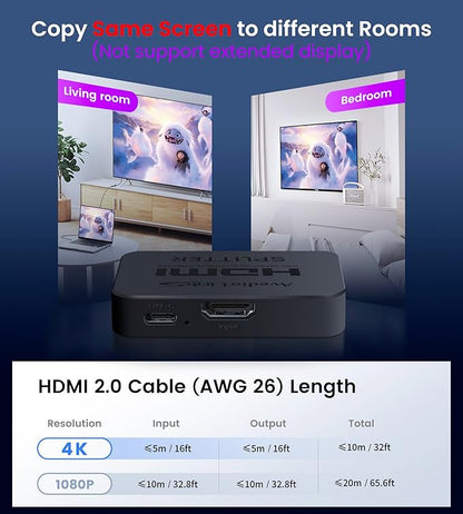 avedio links HDMI Splitter 4K@60Hz, HDMI Splitter 1 in 2 Out-Not Extended Display(Only Mirror Screens), Support 3D Dol-by Vision Atmos HDMI2.0b, HDCP2.2, 18.5Gbps, Auto Downscaling, Full HD 1080P