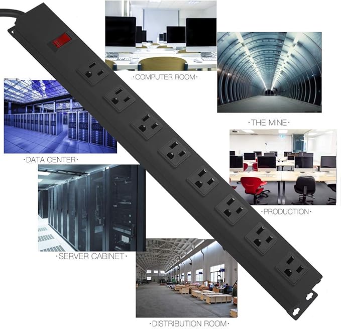 4Pack Metal 8 Outlet Mountable Power Strip, Wall Mount Outlet Heavy Duty, Wide Spaced Commercial Shop Power Strip with Switch, 15 FT Power Cord.