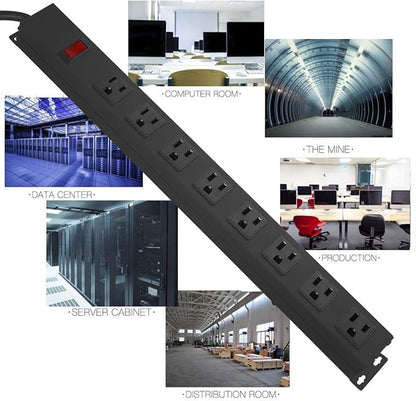 4Pack Metal 8 Outlet Mountable Power Strip, Wall Mount Outlet Heavy Duty, Wide Spaced Commercial Shop Power Strip with Switch, 15 FT Power Cord.