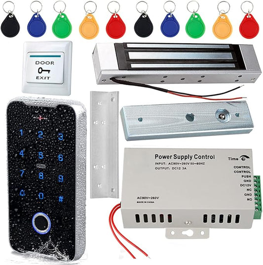 JASAG Fully Waterproof Fingerprints Access Control System Kit, Metal Shell RFID Keypad NFC Unlocking, with Upgraded 180KG (380lbs) Magnetic Lock and Professional Power Supply, for Door Lock Security