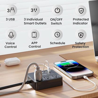 GHome Smart Power Strip with 3 WiFi Outlets & 3 USB Ports, ETL Listed Smart Surge Protector, Works with Alexa & Google, Individual Control WiFi Outlet Strip 4Ft Extension Cord for Home Office & Travel
