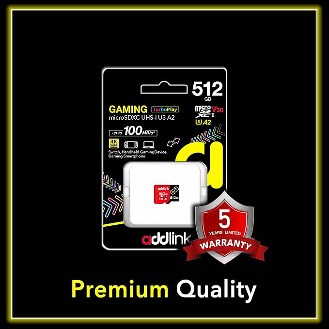 addlink 512GB Micro SD Card for Gaming Nintendo-Switch 1 4K Camera Pro A2 V30 for Smartphone, Gopro, Action Cams, 4K UHD Video Recording Up to 100MB/s, UHS-I U3 C10 Class 10 with Adapter