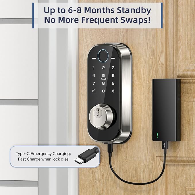 Ulecoce DL08 Fingerprint Smart deadbolt with with App Control, Satin Nickel | 5‑in‑1 Smart Deadbolt with Remote Control, Auto‑Lock, Touchscreen Keypad, 5 Keys & 2 Fobs, USB‑C Port, ANSI Grade 3 Security