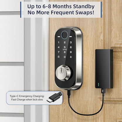 Ulecoce DL08 Fingerprint Smart deadbolt with with App Control, Satin Nickel | 5‑in‑1 Smart Deadbolt with Remote Control, Auto‑Lock, Touchscreen Keypad, 5 Keys & 2 Fobs, USB‑C Port, ANSI Grade 3 Security