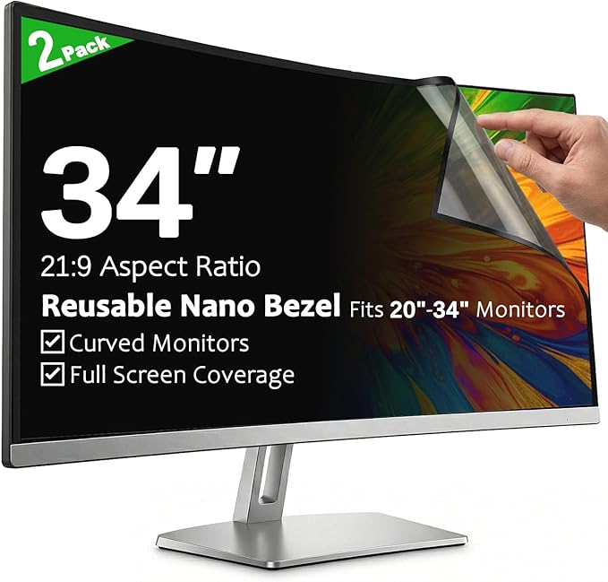 [2-Pack] 34 Inch Reusable Nano Bezel Anti-Glare Computer Privacy Screen for Monitor, 21:9 Aspect Ratio, Residue-Free Removable Anti-Spy Filter, Eye Protection Anti-Blue Light Desktop Security Shield