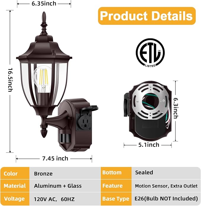 Porch Lights with Outlet, Motion Sensor Outdoor Lights