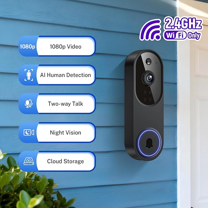 Orbitell Wireless Wi-Fi Video Doorbell Camera with Two Way Audio, AI Motion Detection, Night Vision and Cloud Storage, 2.4G Wi-Fi only, Indoor/Outdoor, IP65 Weather Resistant (Black-NoChime)