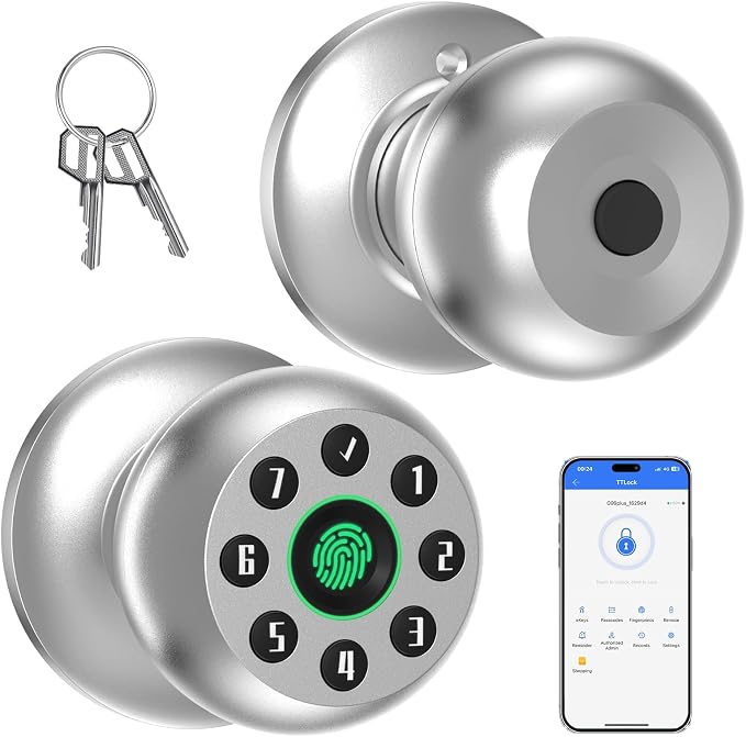 Fingerprint Door Knob, Smart Door Knob, Biometric Door Knob with Code, App Control, Auto Lock, Fingerprint Door Lock,Thumb Print Door Knobs for Bedroom, Office, Apartment，Silver
