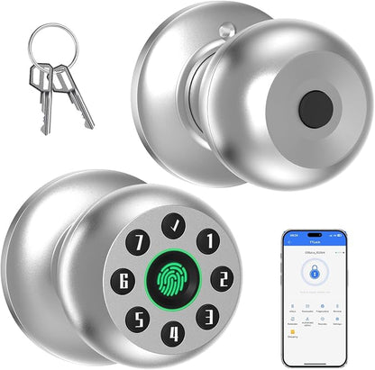 Fingerprint Door Knob, Smart Door Knob, Biometric Door Knob with Code, App Control, Auto Lock, Fingerprint Door Lock,Thumb Print Door Knobs for Bedroom, Office, Apartment，Silver