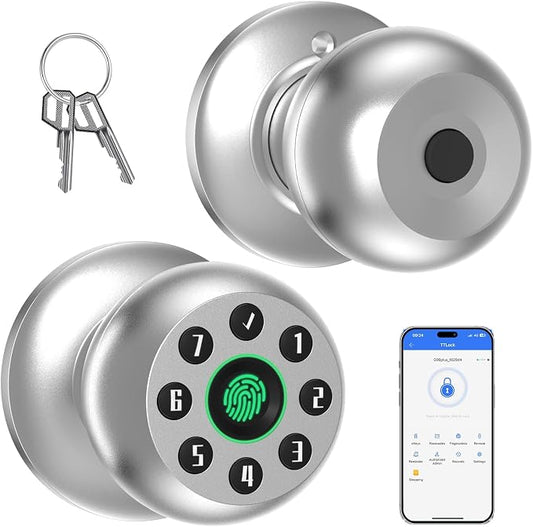 Fingerprint Door Knob, Smart Door Knob, Biometric Door Knob with Code, App Control, Auto Lock, Fingerprint Door Lock,Thumb Print Door Knobs for Bedroom, Office, Apartment，Silver