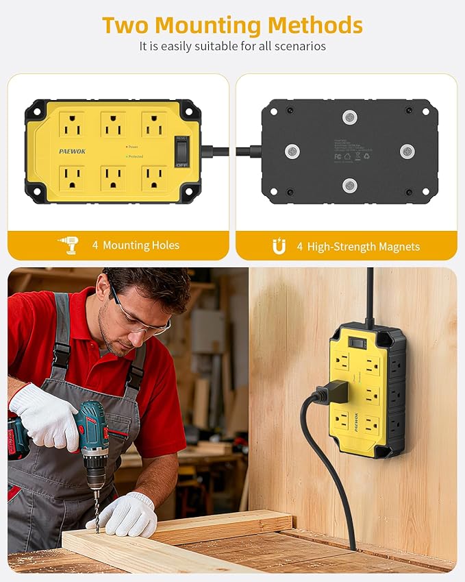 Surge Protector Power Strip 15 Amps/1200 Joules, 12 Outlets Magnetic Heavy Duty Power Strip, 6.5 FT Extension Cord with Multiple Outlets for Industrial Shop Garage (Yellow)