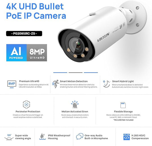 VIKYLIN 8MP Full Color Varifocal PoE IP Camera, Outdoor 4K Bullet Camera with 5X Optical Zoom 2.7~13.5mm Lens,Human/Vehicle Detection, Smart Dual Light, Bulit-in Mic, MicroSD(256GB), IP67