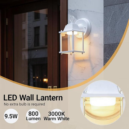LIT-PaTH Outdoor LED Wall Lantern, Wall Sconce as Porch Light, 9.5W 800 Lumen, Aluminum Housing Plus Glass, 3000k-Matte White Finish, 2-Pack