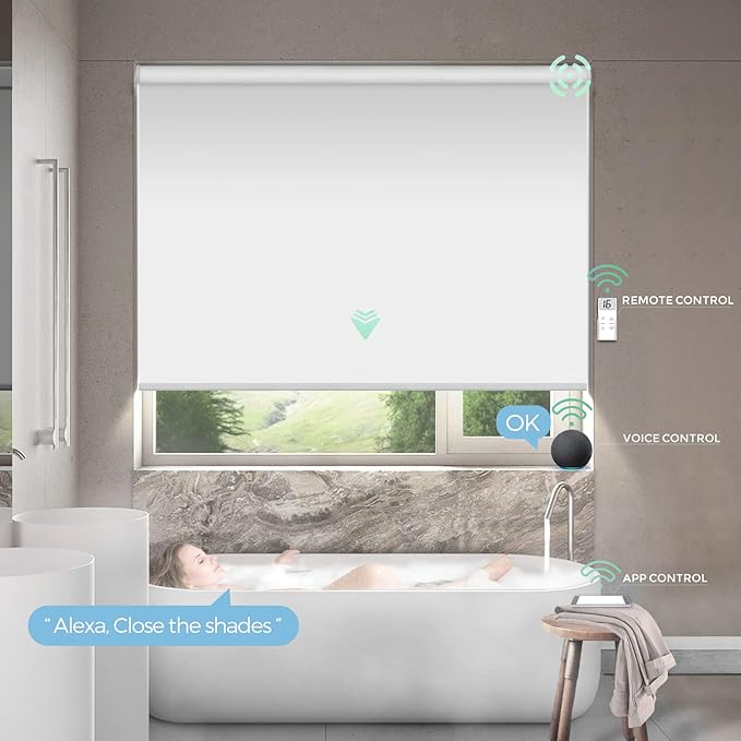 Yoolax Motorized Shower Roller Shades for Bathroom with Remote Control, Automatic Heavy Duty Thick Fabric Shower Curtain Compatible with Alexa, Blackout Battery Solar Powered Blind Custom (White)