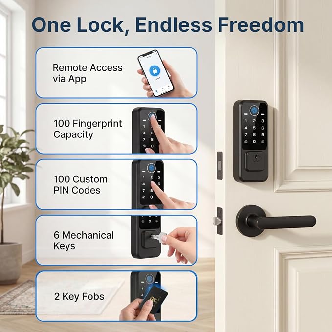 WiFi Smart Door Lock - Keyless Entry Door Lock for Front Door, Fingerprint Door Lock with App Control, 5-in-1 Touchscreen Deadbolt with 6 Keys & 2 NFC Cards, Built-in 2.4G WiFi