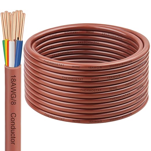 18/8 Thermostat Wire 50FT, 18 AWG 8-Conductor Solid Bare Copper HVAC Control Cable, CL2 Rated for in-Wall Installation, Perfect for Smart Thermostats, Doorbells & Security Systems