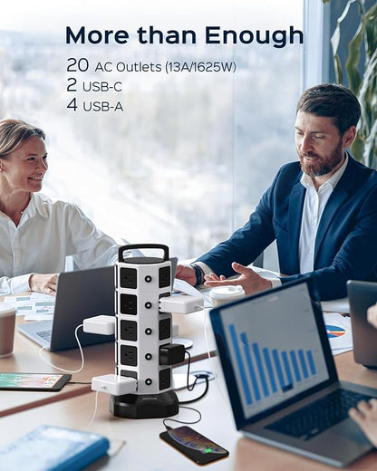 Power Strip Tower Surge Protector, 20 Outlets 6 USB (2 USB C) Charging Station, Extension Cord with Multiple Outlets, 1050J 1625W/13A Outlet Extender 6.5ft Extension Cord for Home Office