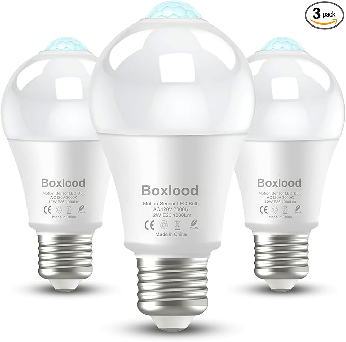 Motion Sensor Light Bulbs, 12W Motion Activated Dusk to Dawn Outdoor Light Bulb (100Watt Equivalent) A19 E26 3000K Warm White for Outdoor Indoor Front Door Porch Garage Basement Hallway, 3 Pack