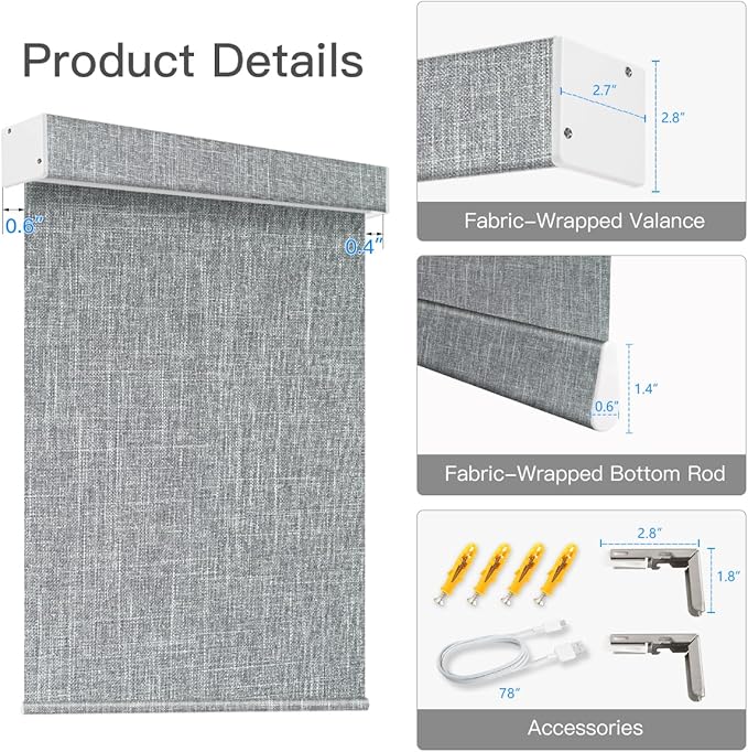 Tokblind Motorized Light Filtering Roller Shade Fabric Covered Valance and Bottom Rod, Remote Control Electric Window Blind Compatible with Alexa via Hub, Custom Size (Dark Grey - Wrapped Fabric)