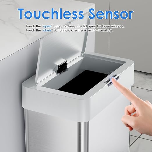 Sensor Trash Can, Touchless Motion Sensor Trash Bin, Smart Automatic Garbage Can with Soft-Close Lid, Bag Retainer Ring and Display Light,for Kitchen,Living Room Office (Silver, 18.5 Gal)