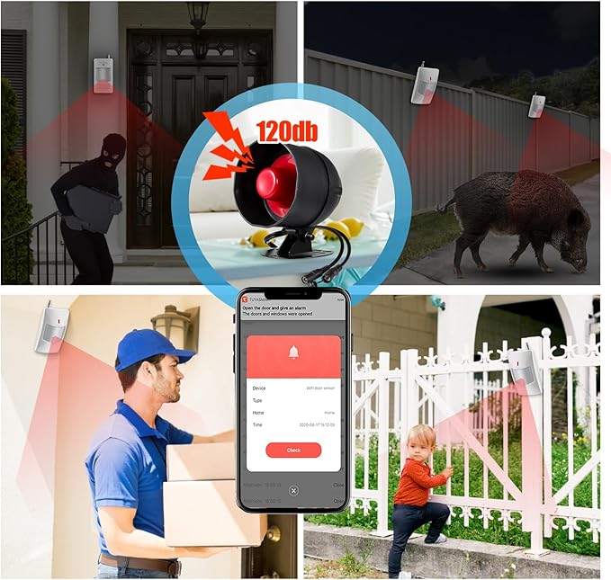 WiFi Alarm Security System, 120dB Wireless Alarm System for Home Security with Free Notification APP Control and Motion Sensor Siren, Remote Control for Shed Garage