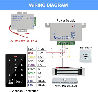 Tuya Access Control Kit with 400lbs Magnetic Lock | Complete kit incl keypad,400lbs lock, exit button, 36W PSU, IP68, 1000 users, IC/ID, 10 blue cards
