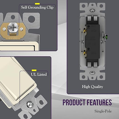 ENERLITES Decorator On/Off Paddle Switch with Wall Plates, Single Pole, 3 Wire, Grounding Screw, Residential Grade, 15A 120V/277V, UL Listed, 91150-LAWP
