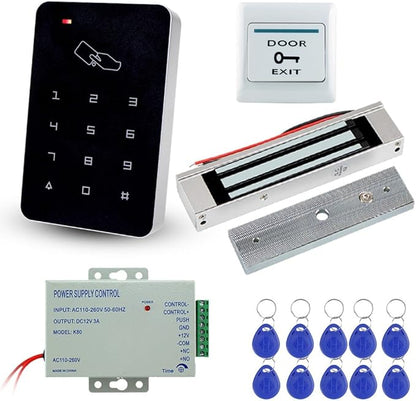 LIBO Stand-Alone Door Access Control System Kit Set with 180kg/350lbs Electric Magnetic Lock, DC12V/3A Power Supply, Door Exit Release Button, 10pcs RFID EM ID Keyfobs