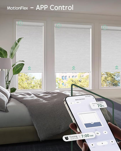 Yoolax Motorized Shades Dual Control, MotionFlex Motorized Roller Shades with App & Manual Control, Pull Down Automatic Shades for Indoor Windows, Custom Size(Blackout Jacquard White)