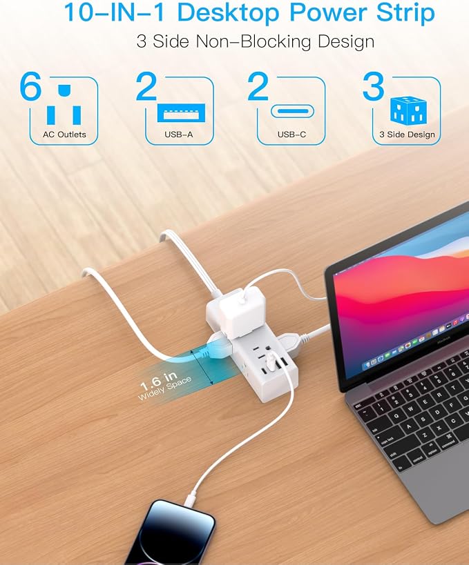15Ft Extension Cord with Multiple Outlets, Flat Plug Power Strip Surge Protector with 15 Ft Long Cord, 6 Outlet 3 USB Ports (2 USB C), Multi Outlet Wall Plug for Travel, College, Dorm Room Essentials