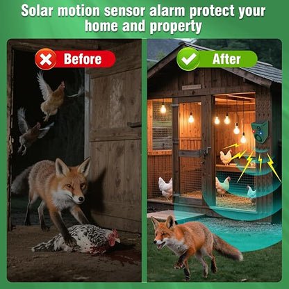 ChunHee Solar Outdoor Motion Sensor Alarm with 3Volume Control & Voice Recording, 129dB Loud Dog Barking Alarm with Red & Blue Strobe Light Noise Maker 4Work Modes for Chicken coop, Garden, Farm, Home
