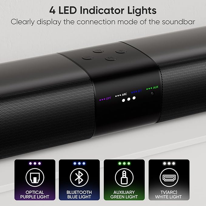 Sound Bar for Smart TV, 80W 2.0 Channel Detachable Soundbar with Optical/ARC/AUX/Bluetooth, Surround Sound System for Home Theater, Wall Mountable or Desktop TV Speaker.