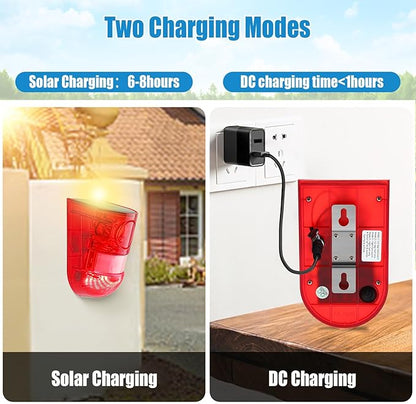 Qualirey Solar Sound and Light Alarm Motion Sensor 129db Outdoor Security Siren Waterproof Activated Detector Driveway Alarm 6 LEDs Flash Warning Deterrent Strobe System for Home, Farm(Red,2 Pack)