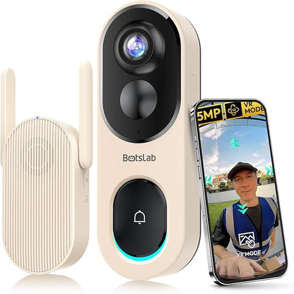 BOTSLAB Doorbell Camera Wireless, 5MP Video Doorbell, 180°Panoramic View, No Monthly Fee, 2.4 GHz WiFi, AI Motion Detection, VR Mode, Battery or Wired Powered