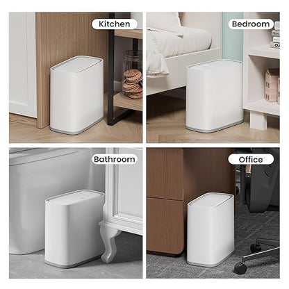 Slim Bathroom Trash Can with Lid and Wheels, 2.1 Gallon Small Garbage Can - Air-Press Bag Expander, Inner Bucket, Odor & Pet Proof, Press Top, Plastic Trash bin for Kitchen, Office, Bedroom,Toilet, RV