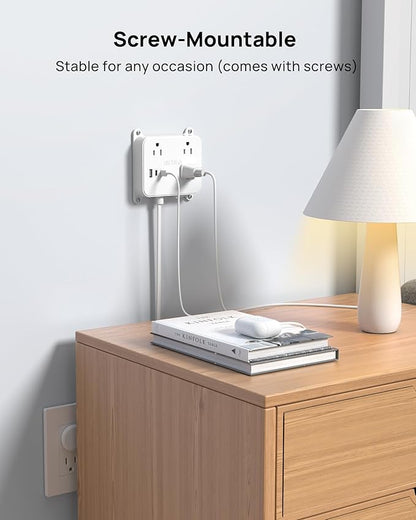 TROND 3FT Short Extension Cord, Ultra Thin Flat Plug Power Strip with 2 USB C, 3 AC Widely Spaced Outlets, Wall Mount Power Cord for Furniture, Screw on Wall Outlet Behind TV, Couch, Cabinet