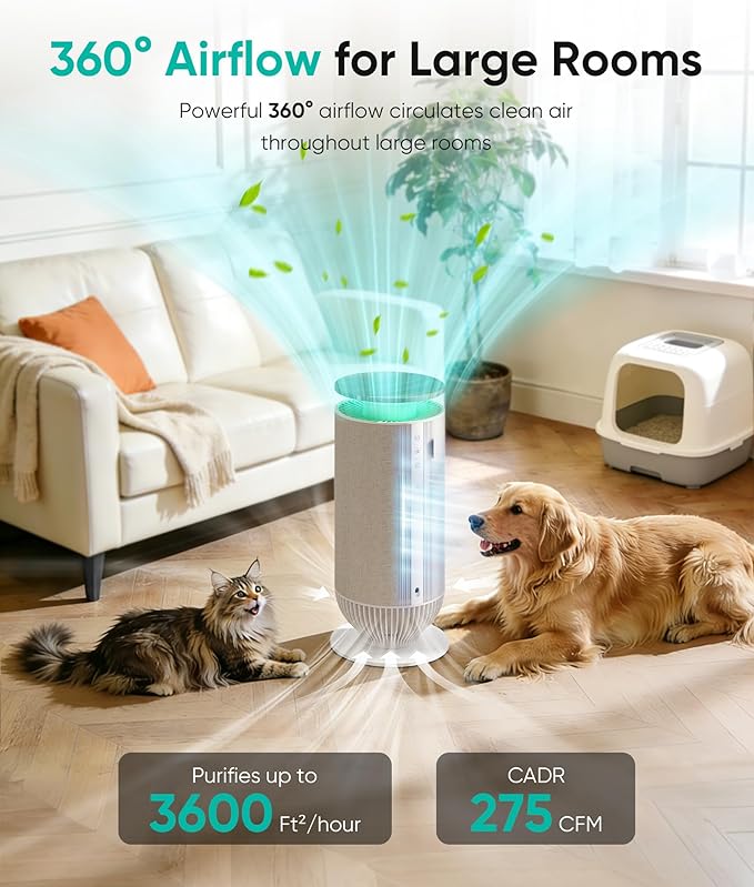 Petbobi Air Purifiers for Home Pets - Air Purifier for Large Room up to 3600 ft², H13 + H11 HEPA for Pet Odors & Hair Dander, 360° Airflow Air Cleaner with PM2.5 Monitor, App Control, Auto Mode