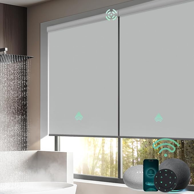 Yoolax Motorized Shower Roller Shades for Bathroom with Remote Control, Automatic Heavy Duty Thick Fabric Shower Curtain Compatible with Alexa, Blackout Battery Solar Powered Blind Custom (LightGrey)