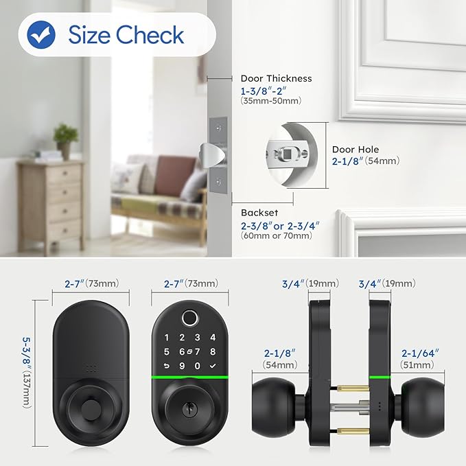 Keypad Smart Door Lock with Knob, 7 in 1 Keyless Entry with Fingerprint