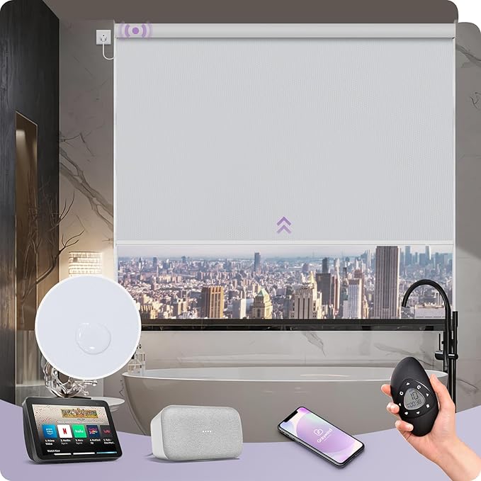 Graywind Motorized Roller Shade 100% Blackout Work with Alexa Google Waterproof Vinyl Fabric Remote Control Hardwired Window Shades Window Blinds, Customized Size (White)