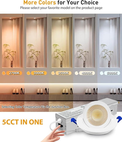 Adetu 2 Inch 5CCT Gimbal Led Recessed Lighting with Junction Box, 360°+90° Adjustable Recessed Can Lights, 2700K/3000K/3500K/4000K/5000K Selectable, 5W Eqv 50W, 550LM Brightness - ETL (White, 1 Pack)