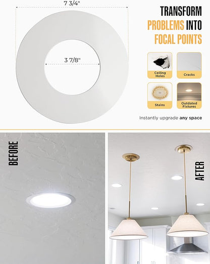The Can Converter R56 Recessed Can Light Conversion Kit w/ 7"¾ Flat Steel Ceiling Medallion - Home Improvement for 5" & 6" Cans, Converter Kit for Ceiling Fan & Light Fixture, UL Certified, White