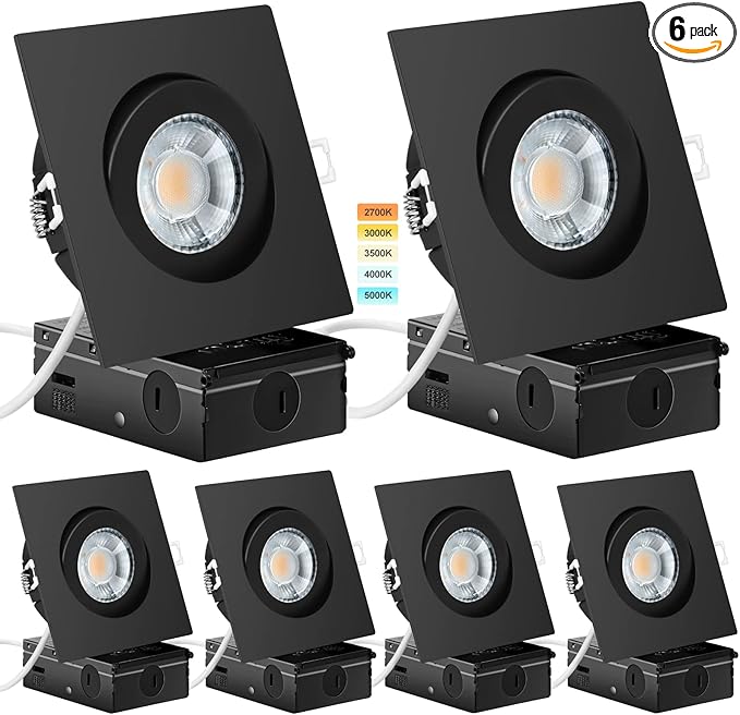 KnLnny Ware Black Square Recessed Lighting 4 inch 6 Pack with Gimbal,Canless Eyeball Recessed Lightswith Junction Box,dimmable, 5CCT Selectable,9W 750LM