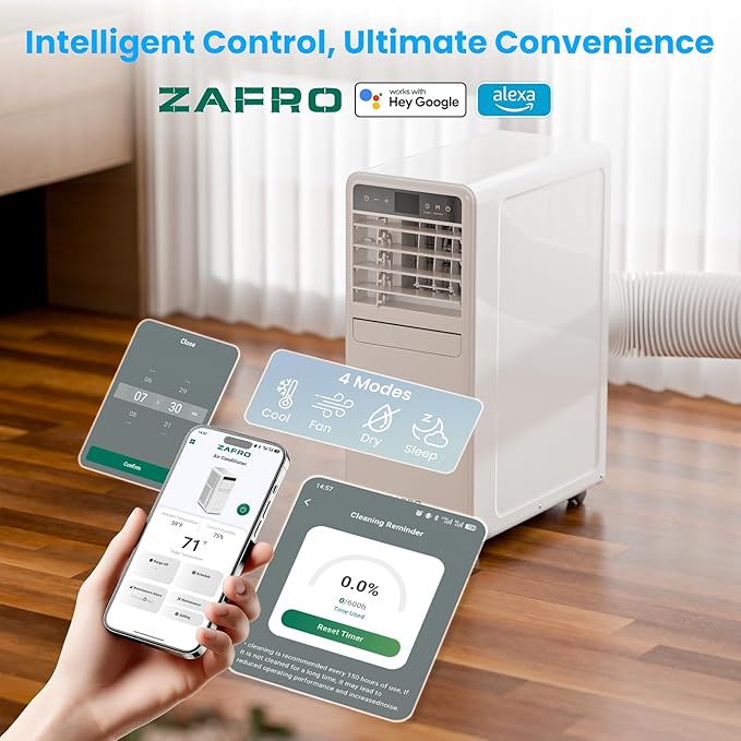 ZAFRO Portable Air Conditioners, 10000 BTU (6000 BTU SACC), Smart AC Unit with Drainage-free Cooling, Fan & Dehumidifier, Portable AC with APP/Remote, 47dB Quiet, 24H Timer for Living Room, Bedroom
