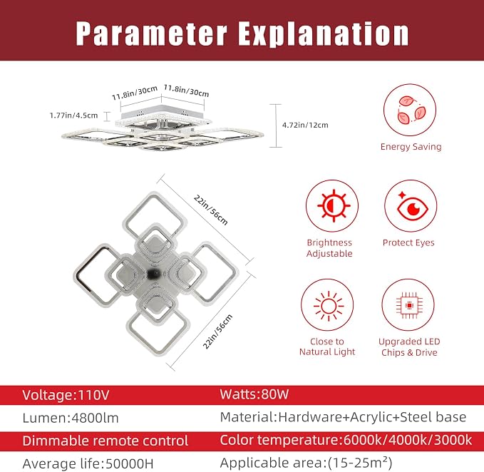 Modern Bedroom & Kitchen Ceiling Light, 80W Dimmable LED, 8 Squares, 3000-6000K, Chrome