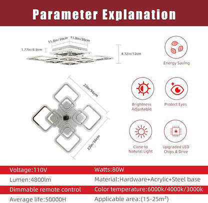 Modern Bedroom & Kitchen Ceiling Light, 80W Dimmable LED, 8 Squares, 3000-6000K, Chrome
