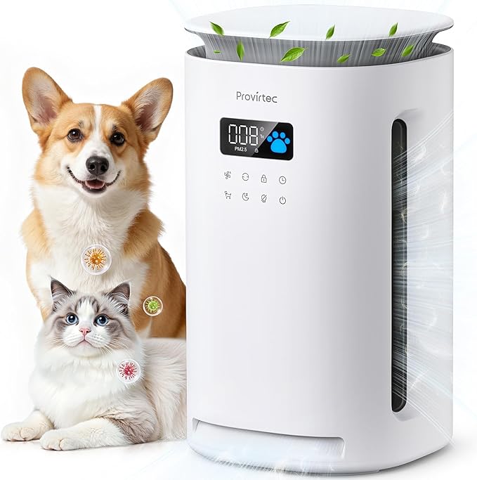 Provirtec Air Purifier for Home Pets, End Odor, Pet Floating Fur/Dander Worries, 4-Side Wide Intake, H13 True HEPA, Auto/Pet Mode & Washable Pre-Filter,Ultra Quiet for Bedroom/Large Room