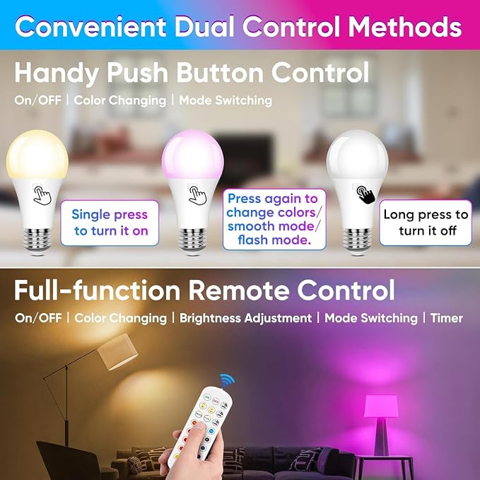 Yochoice Rechargeable Battery Operated Wireless Puck A19 Light Bulb with Remote Control 1 Packs, Dimmable Detachable LED Bulb with 15 Colors Selectable 3 Timer, for Wall Sconce, Non Hardwired