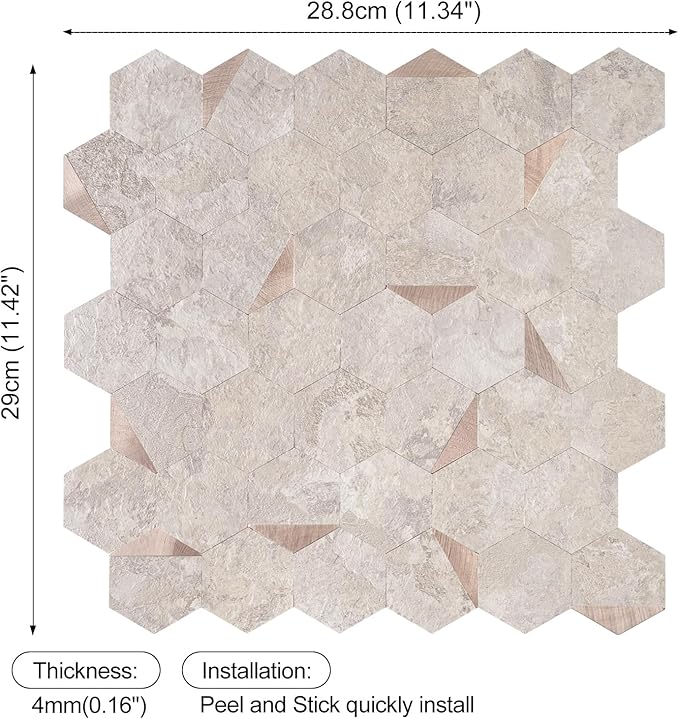 10-Sheet Hexagonal Peel and Stick Backsplash, Seamless Design Beige Stone Kitchen Backsplash Wall Tiles, Stone Surface Waterproof Stick on Tile for Bathroom, RV, Fireplace